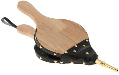 Soffietto per a legna – 30,5 x 12,5 cm/38 x 17 cm, soffiatore d'aria in legno massello con punta in metallo, similpelle design vintage | per stufa, riscaldamento domestico