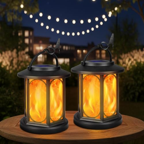 KALAHOL Solar Lanterns Outdoor Garden 2 Pack, Solar Garden Lanterns with Realistic Flickering Flame, IP65 Waterproof Garden Ornaments Outdoor for Garden Pathway Patio(Oval Style)