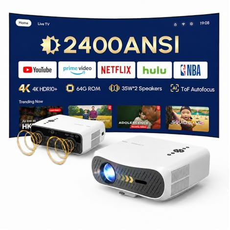 Motoriserat objektivskydd - kompatibelt med 2400 ANSI HDR10+ dagsljus - Smart hemmabio videoprojektor med AI-PQ - 64 GB ROM ToF - HDMI eARC autofokus - Dolby AudioLed-projektor