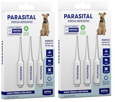Zotal Parasital - Pack 2 Blíster de 3 Pipetas (6 en Total) Antiparasitarias para Perros Medianos (10-25 kg) - Protección contra Pulgas, Garrapatas y Mosquitos - Repelente Natural-hasta 6 Semanas