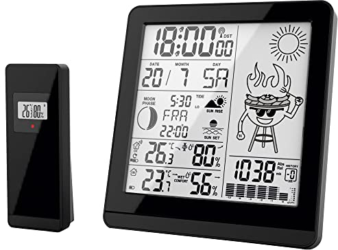 Miraval Funk-Wetterstation: Hygro- & Thermometer innen/außen, Barometer mit BBQ-Motiv, Uhrzeit- und Datumsanzeige, Sonnenauf- & Untergang, Mondphase, 2 Alarme, 8 Sprachen einstellbar