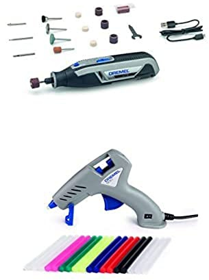 Dremel Lite 7760 Battery Multi tool 3.6V, Set with 15 Accessories and Dremel 930-18 Hot Glue Gun for Carving, Engraving, Grinding, Sharpening, Cleaning, Gluing.