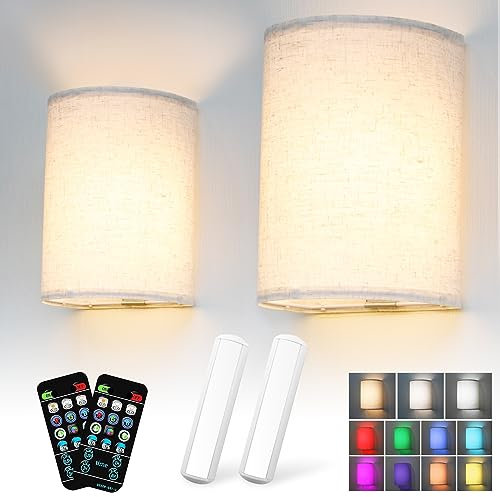 Battery Operated Wall Lights 2 Pack, RGB Colors Changeable Dimmable Height Fabric Sconces, Wireless Wall Sconces with Remote, 2500mAh Rechargeable Wall Lamp for Bedroom Living Room Hallway