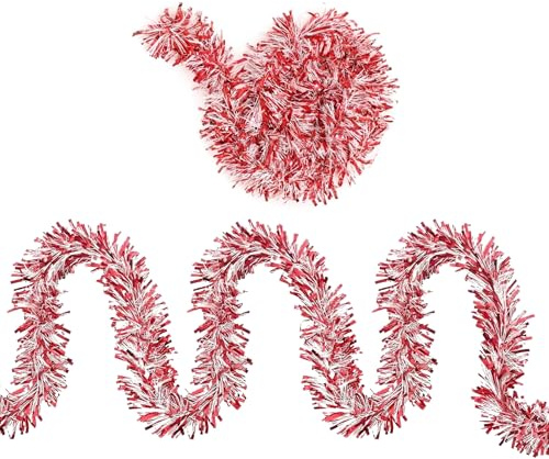 Red/White Christmas Tinsel Garland 2m - Candy Mix Thick and Thin Tinsel for Xmas Tree, Valentine Bouquets Cake Wedding Party Backdrops Wall Indoor Outdoor Supplies