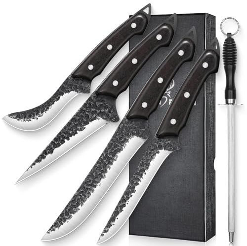 TAN REN Boning Knife Set, 6PCS Butcher Knife Set for Meat Cutting, Hand Forged Skinning Set with Sharpening Rod, High Carbon Steel Meat Trimming Knife for Kitchen & Outdoor Hunting Knife for Men