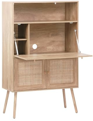 sweeek - Schreibschrank/Sekretär, 2 Türen aus Rohrgeflecht, Regale, Holzeffekt, Beine aus Tannenholz - Bohème
