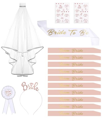 16PCS EVJF Accessoire,Enterrement de Vie de Jeune Fille Accessoire,Kit Écharpe EVJF avec 10 Team Bride Écharpe,2 Tatouage,1 Écharpe Future Mariée,Voile Mariée,Badge,Bandeau Diadème,Déguisement EVJF