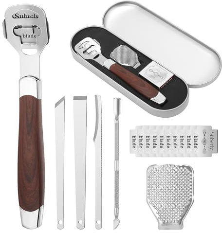 Professioneller Hornhauthobel Fußschaber, 7 in 1 Edelstahl Messer-Set zur Entfernung von Fußschwielen mit 10 Ersatzklingen, Fußfeile für die Fußpflege Messer aus Edelstahl Pediküre Callus Razor