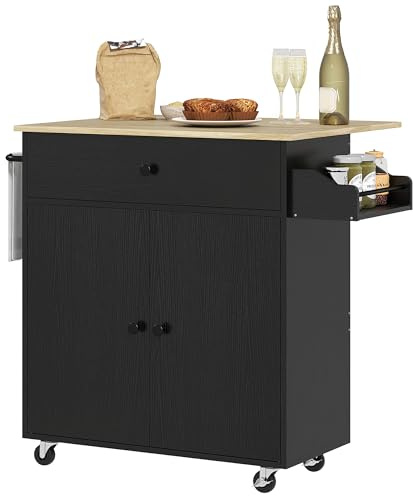 HOMCOM Isla de Cocina con ala Abatible Carrito de Cocina Mueble Auxiliar de Cocina con Ruedas 2 Puertas Cajón Especiero Toallero y Estante Ajustable 106x42x87 cm Negro y Roble