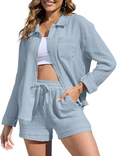 CheChury Conjunto de 2 Piezas de Verano Mujer Conjunto de lino Casual Conjunto de Camisa y Pantalón Corto con bolsillos Mujer Conjunto Chándal Dos Piezas Cómodo Moda Color Sólido para Vacaciones Playa