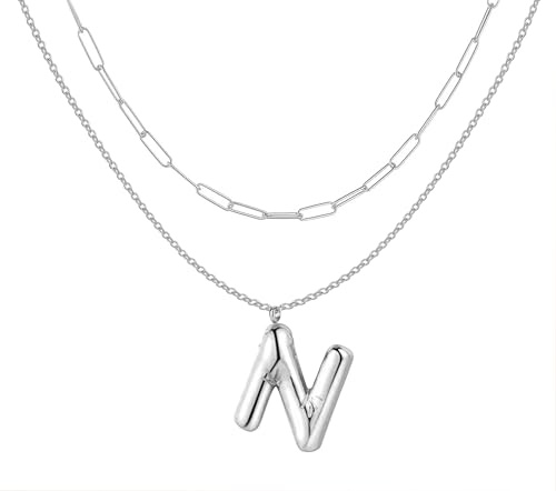 Only faith Collar letras Iniciales Globo Cadena Eslabones Acero Inoxidable Collar doble capa colgante Letra Burbuja para Mujer Moda de Tendencia (N - Plateado)