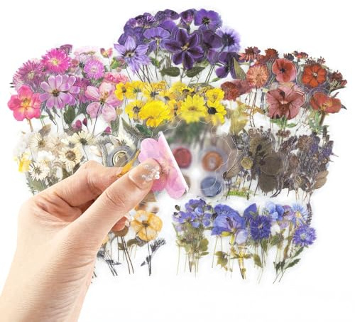 RISYPISY 320PCS Pre-Cut Floral Stickers Set Small Flower Decal Journal Stickers PET Flower Sticker for Adult Card Making Letters DIY, Double Blade Line-Easy to Peel