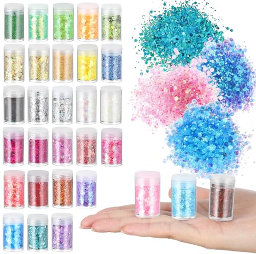 SHINEOFI Nail Glitter Flakes 32 Mini Jars Fine Nail Glitter Powder for Manicure Art Decorations Portable Shimmer Powder for Valentine S Day Gel Nails