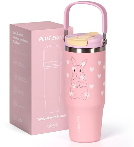 pluseight Stainless Steel Tumbler with Straw, 1000ml/32oz Travel Mug with Handle,Leakproof Reusable Travel Mug, Keeps Cold for 24H or Hot 12H, Fit in Car Cup Holder (Pink Rabbit)