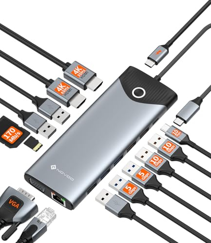 NOVOO Station d'accueil Triple Affichage 15 en 1,Docking Station USB-C, Bouton pour Marche/Arrêt, HDMI 4K@60Hz, USB-C/A 10Gbps, VGA, 100 PD, SD/TF Multiport Dock pour MacBook Pro Air iPad Lenovo Dell