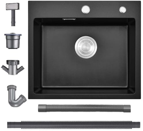 Fregadero de granito negro 50x45cm, fregadero negro, fregadero de cocina rectangular, moderna instalación empotrada de granito, lavabo de cocina, fregadero de cocina pequeño, lavabo individual con 2