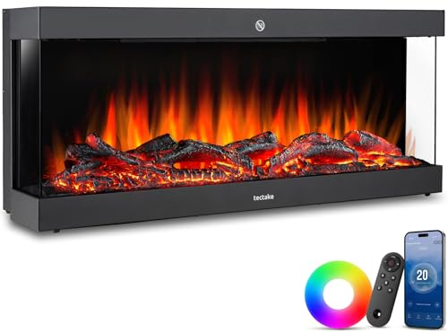 tectake® Caminetto elettrico da parete, 91,4 x 38x 24,5 cm, Camino Elettrico Smart, 2 livelli di calore 900/1800 W, Stufa effetto fiamma 3D, 9 colori, 5 Livelli luce, termostato, telecomando, app Tuya