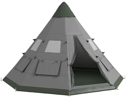 Outsunny 6 Men Tipi Tent, Camping Tent with Mesh Windows, Sewn-in Floor, Two Doors and Carry Bag, Easy Set Up, for Hiking Picnics Outdoor Night, Grey
