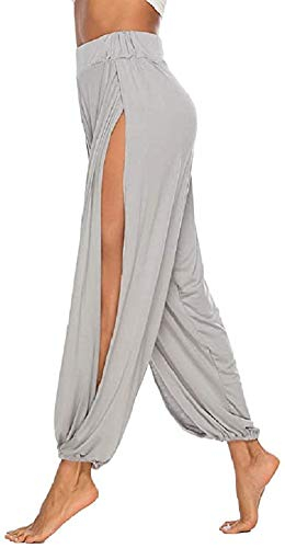 ASKSA Damen Hochschlitzige Haremshose Frauen Hippie Split Sport Hose Fitness Stretchhose Loose Fit Yogahose Sporthose (Grau,S)