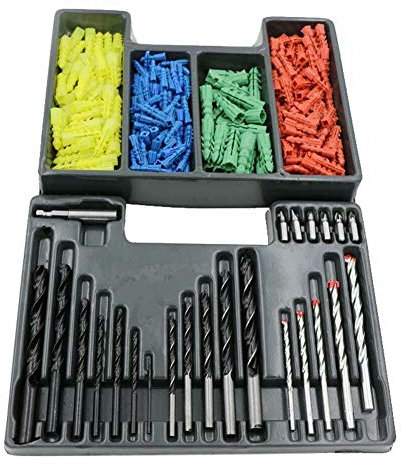 Heavy Duty Drill Bits & Wall Plug Set 300 Pieces Multi-surface Bit Set With Box