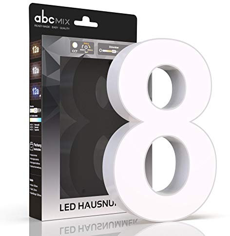 abcMIX LED Hausnummer 8 - Personalisierbare Beleuchtete Hausnummernleuchte mit LED in Weiß - Lichtfarbeneinstellung, Dimmbarkeit