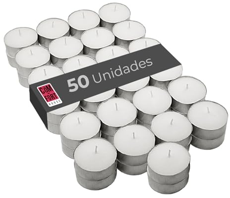 COM-FORT HOUSE | Velas de te Blancas | Pack velas de 50 Unidades | Velas de Té Calientaplatos | Tealight | 8 Horas de Duración | Velas Decorativas Sin Perfume