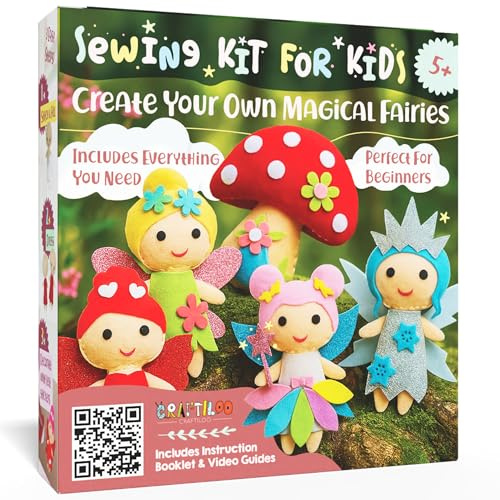 CRAFTILOO Fairy Sewing Kit for Kids Ages 5-12 – Beginner Sewing Kit with 5 Pre-Cut Felt Projects – Make Your Own Stuffed Animal Plush Dolls – Fun Girls Craft Kit, Learn to Sew Gift for Kids