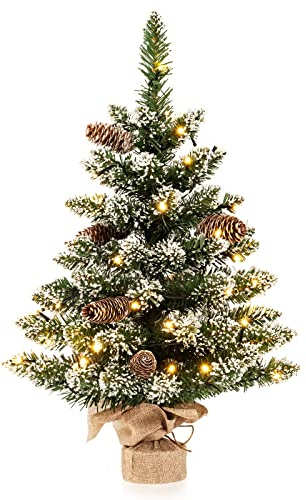 GYMAX Árbol de Navidad Artificial pequeño de 64 cm, con 75 Agujas de PVC, 8 piñas, 50 Luces LED y 8 Modos, Base de Cemento, árbol de Navidad para casa y Oficina, Color Verde