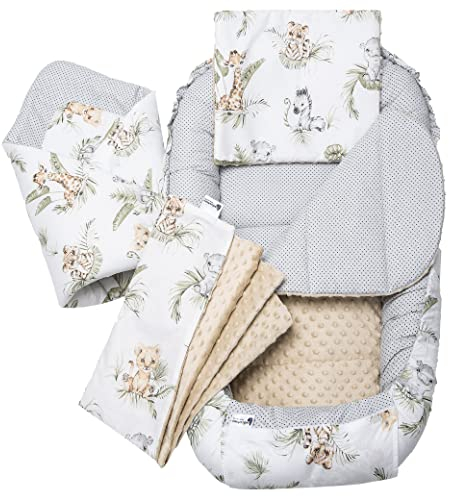 Medi Partners Babynest Nestchen Baby Set für Neugeborene - 100x60x10 Kuschelnest 5 teilig tragbar Nest zweiseitig Babynestchen Bett 100% Baumwolle (Safari mit beige Minky)