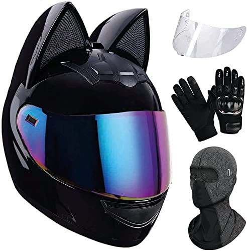 Motorradhelme Klapphelm ECE Zertifiziert Headset Damen Cat Crash Helm Mit Schwarzem Integralhelm Mit Ohren Schwarz Integral Herren Motorrad Street Helm Für Erwachsene Männer Und Frauen 5,M