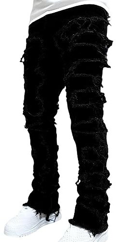 Bexdug Vaqueros Hip-Hop,Jeans Hip Hop Rasgados Apilados de Ropa de Calle - Pantalones de Mezclilla de Pierna Recta, Ajustados y Desgastados, Suaves y Desgastados para Citas