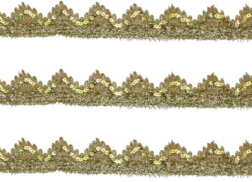 Tibaoffy Long 14 Yard Wide 35mm/1.37inch Light Gold with Gold Sequins lace Trim Decorated Craft Ribbon for DIY Craft Sewing Fabric, Crafts and Sewing（Light Gold with Gold Sequins）