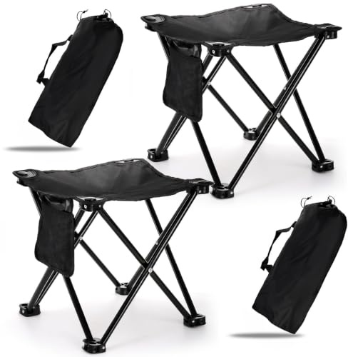 Cididu 2 Pack Camping Stool, 13 Inch Compact Camping Chair Portable, Lightweight Folding Stool Seat with Side Pocket and Carry Bag for Outdoor Hiking, Fishing, Picnic, Beach and Lawn Party, Black