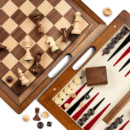 Lingle 15.5'' Deluxe Solid Wood 3-in-1 Chess Set: Portable Chess, Backgammon, and Checkers with Hollow Handle Box, Folding Board for Travel, Suitable for Adults