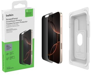 Belkin ScreenForce InvisiGlass Privacy Screen Protector for iPhone17 + iPhone 16 Pro, Scratch-Resistant Impact Protection with Included Easy Align Tray for Bubble Free Application, Recycled Glass