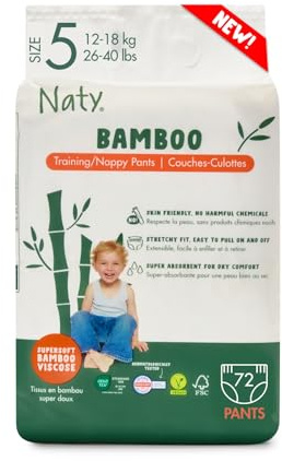 Naty Bamboo - Pañales-braguita de viscosa de bambú - suavidad sedosa, pañales-braguita de origen vegetal, dermatológicamente testados para piel sensible y súper absorbentes (talla 5, 72 unidades)
