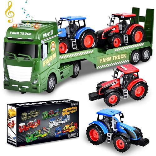 Herefun Granja Camión de Remolque Juguete, Tractor Camión Transportador Juguete, Granja Vehiculos Camion Juguete con Luces y Sonidos, Tractor Remolque para Niños, Regalos para Niños 3 4 5 6+ años