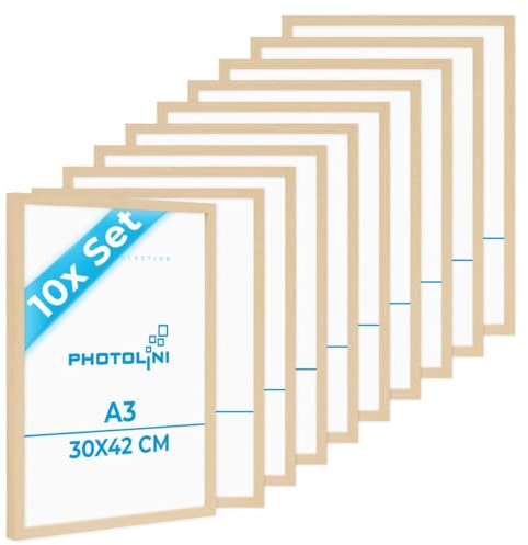 PHOTOLINI Cadre A3 30 x 42 bois MDF naturel, lot de 10 cadres photo pour posters et affiches, verre acrylique incassable, décoration murale à suspendre, avec accessoires supplémentaires