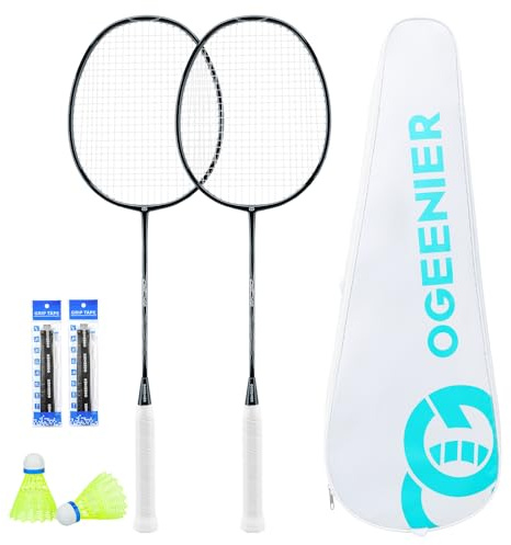 OGEENIER Badmintonracketar set med 2, lätt badmintonset för bakgårdar, barn och familj utomhusspel, inkluderar 2 fjäderbollar, 2 utbytesunderlägg, 1 bärväska