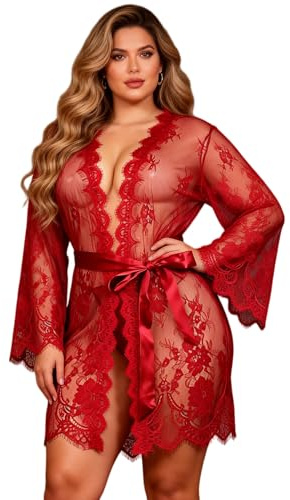 ohmydear Kimono de Mujer de Encaje Transparente Lencería Sexymujer Caliente Camisón de Noche con Manga Larga Pijama Mujer Erótico Bata Novia con Cinturón Albornoz Sexy
