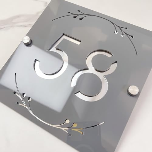 3D Hollow Acrylic House Number Sign with Ornamental Floral Design – Custom Laser Engraved Address Plaque for Wall, Matte Finish Floating Door Number Plate (Gray silver)