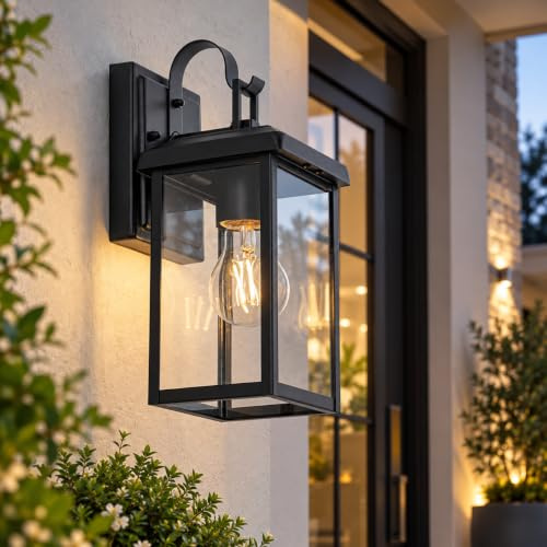 FTL Outdoor Wall Lights, E27 Exterior Wall Lantern Lighting Fixture, IP44 Waterproof Porch Light, Clear Glass Outdoor Wall Sconces, Modern Outside Garden Lamps for House Front Door Garage, Matte Black