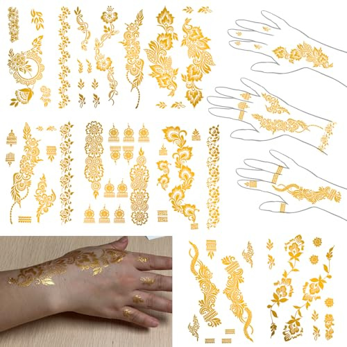Metallic Gold Temporary Tattoostattoos for women and Girls, gold glitter tattoos,Floral Style Body Art Stickers, 8 Large Sheets tattoos for women Girls (Colorful gold glitter-1)