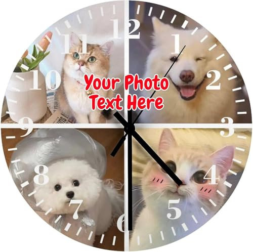 Orologio da parete personalizzabile, con foto, personalizzabile con le tue immagini, testo senza ticchettio, decorazione silenziosa per cucina, camera da letto, regalo per gli amanti dei cani/gatti (4