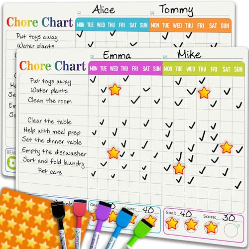 Magnetic Chore Chart for Kids Multiple - Reward Behavior Chart for Children | Morning and Bedtime Kids Reward Chart for Refrigerator - Daily Dry Erase Board - 2 Boards and Accessories for Up to 4 Kids