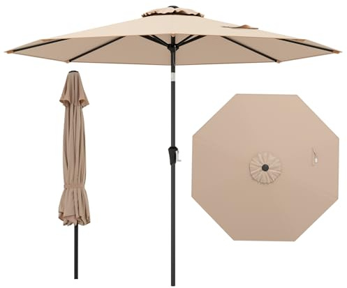 RELAX4LIFE Parasol Droit Inclinable 2,7M, Parasol de Jardin Extérieur Rond, Inclinaison 45°, 8 Baleines, Manivelle, Polyester Résistant, Protection Solaire pour Balcon Terrasse (270CM,Marron)