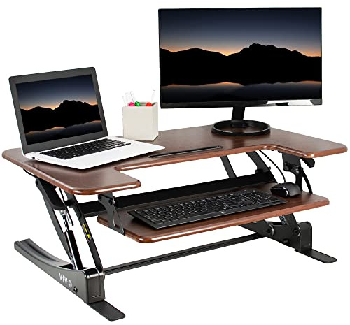 VIVO Height Adjustable 36 inch Stand Up Desk Converter, Quick Sit to Stand Tabletop Dual Monitor Riser Workstation, Dark Wood, DESK-V000VD…