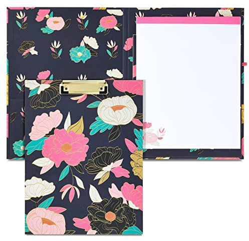 Paper Junkie Floral Clipboard Folder with Notepad & Storage - 13 x 9 in, Black Classic - Low-Profile Clip – Interior Pocket & Pen Loop - Removable Letter-Size Notepad