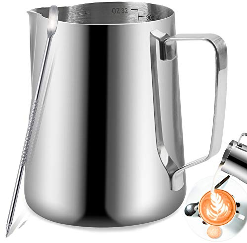 TechKen Pot à Lait en Acier Inoxydable Barista 350ml/600ml/900ml(12oz/20oz/32oz) Pichet à Lait Pot pour en Acier Inoxydable Le Café la Mousse de Lait Cappuccino et Latte (Argent 20oz/600ml)