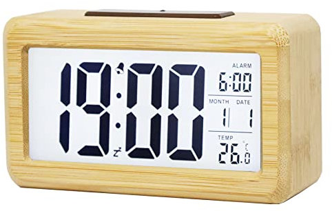 Vihimi Despertador Digital de Madera, Gran Pantalla LED, luz Nocturna con Sensor Inteligente, función de repetición y Temperatura, Funciona con Pilas, Despertador cuboide para Dormitorio, Oficina